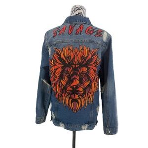 American Bazi Blue Distressed Savage Lion Jean Jacket